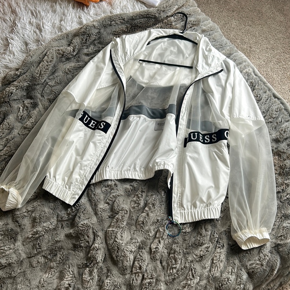 White and black Guess bomber jacket with see through mesh fabric